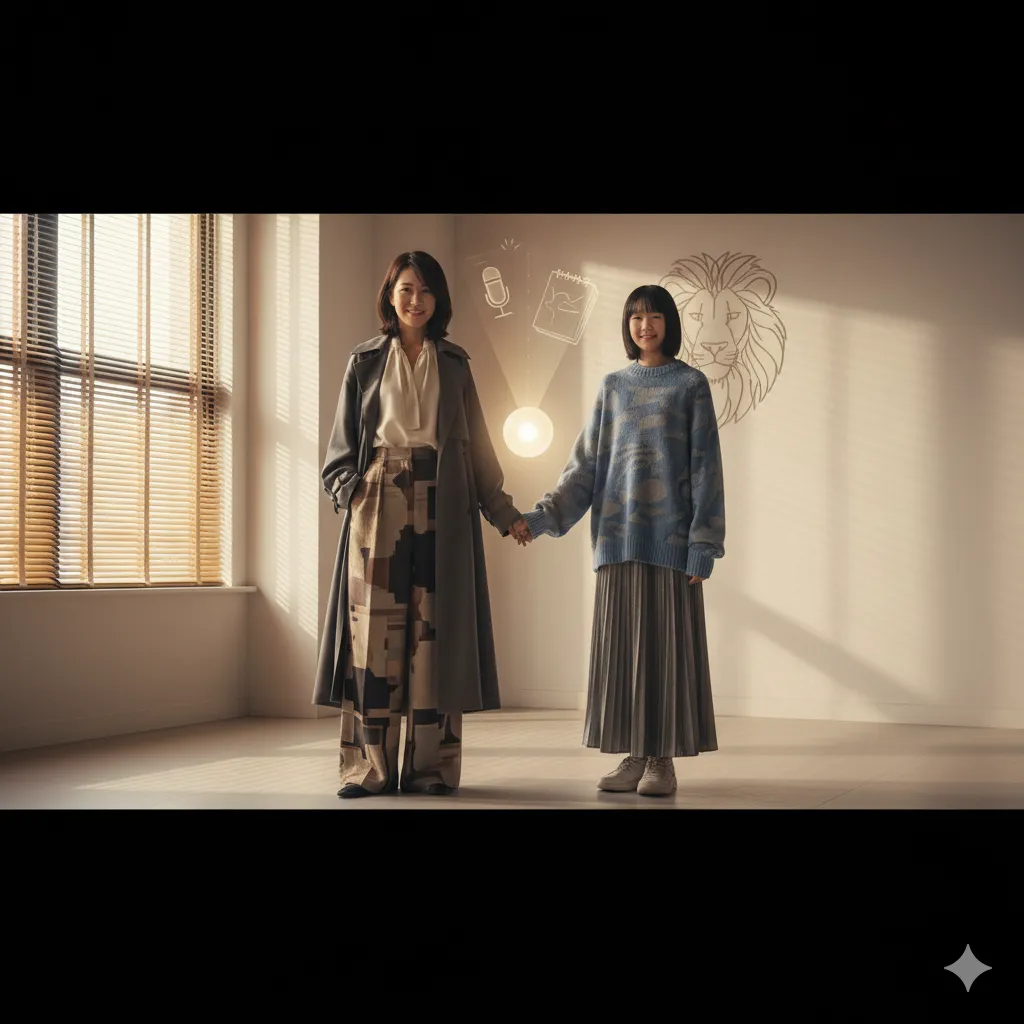 モデルとして共演する母親と娘の抽象的なイメージ。二人は手をつなぎ、それぞれの個性を象徴するアイコンが描かれている。