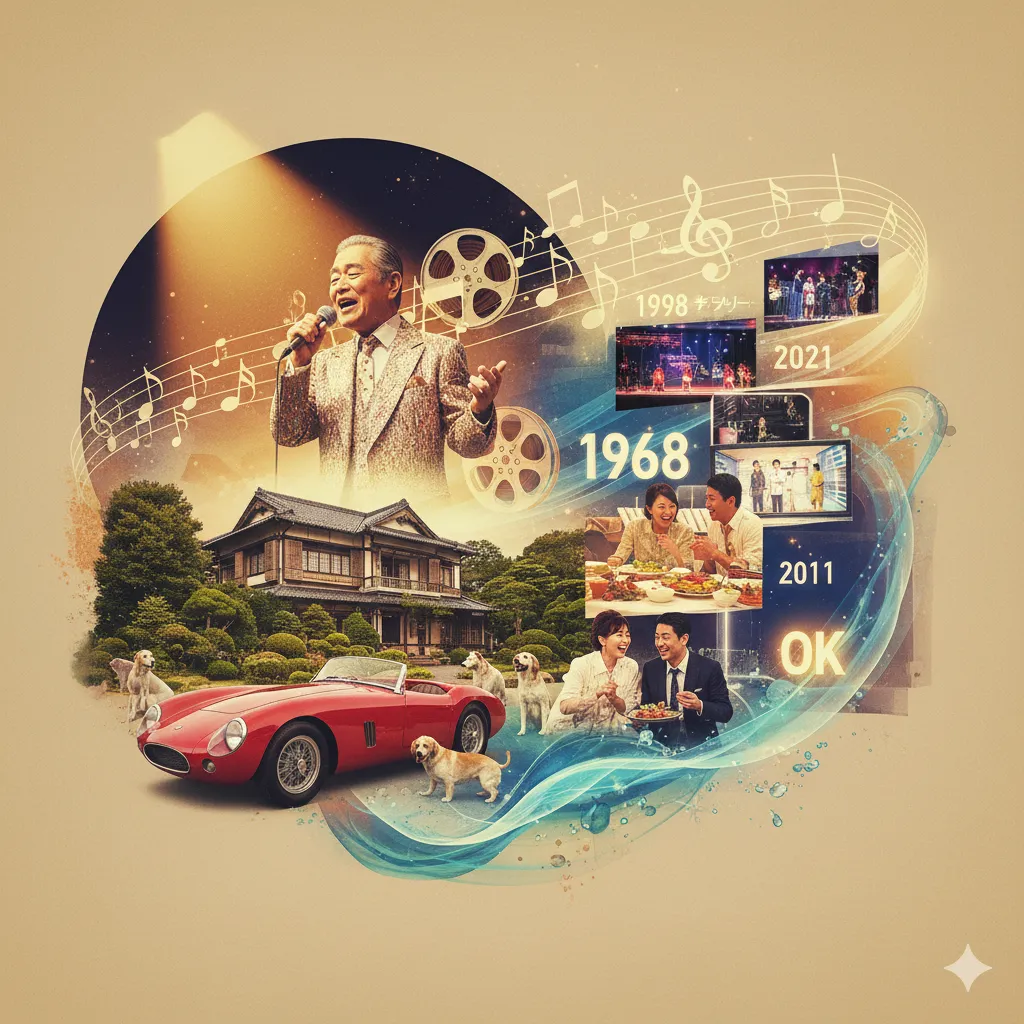 堺正章さんの芸能活動とプライベートを表すコラージュ画像。歌唱する堺さんを中心に、実家の豪邸、クラシックカー、犬、家族の食事風景、過去の活動年表が配されている。
