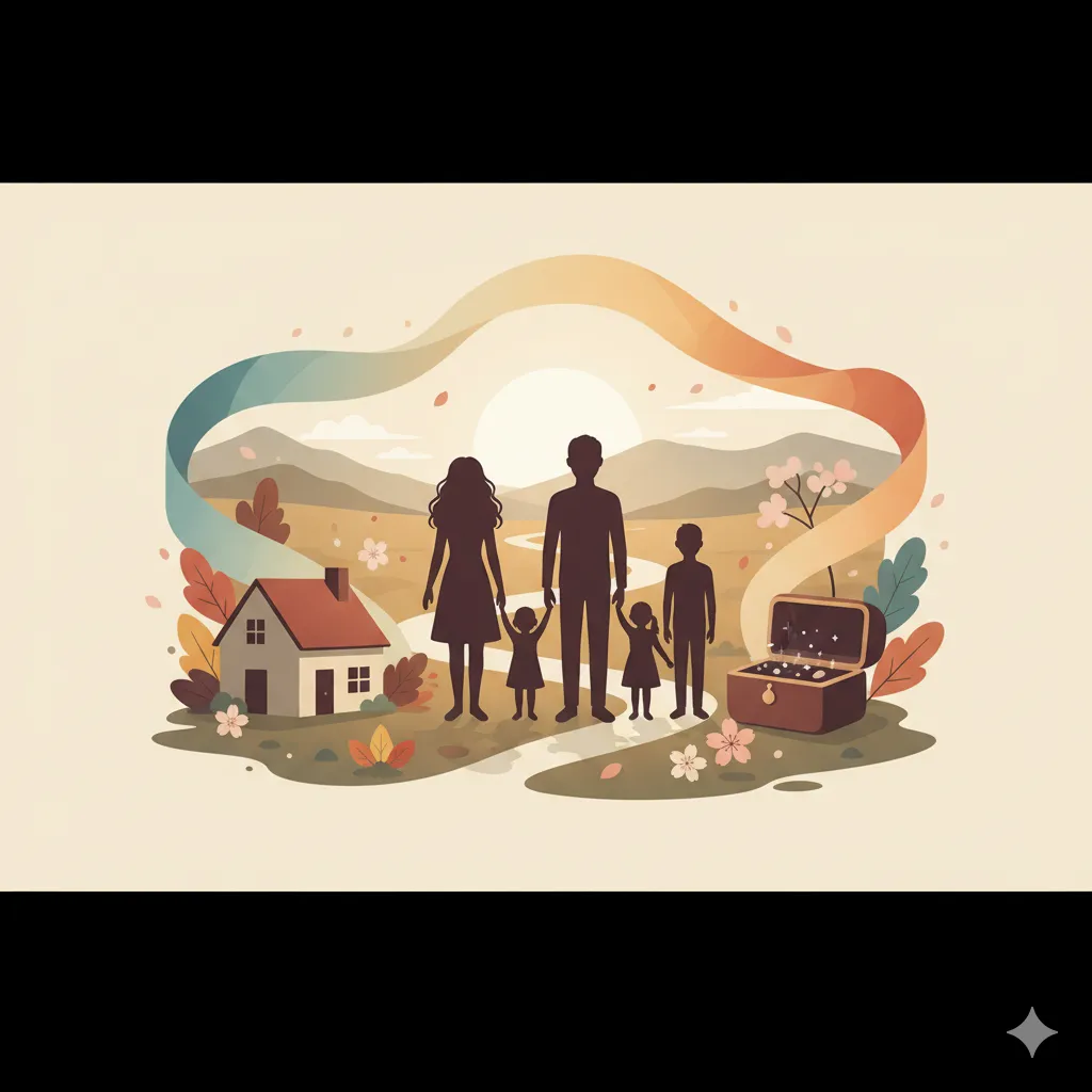 穏やかな風景の中に立つ四人家族のシルエット、傍らには家と開いた宝箱があり、家族の絆と人生の価値観を象徴しているイラスト。