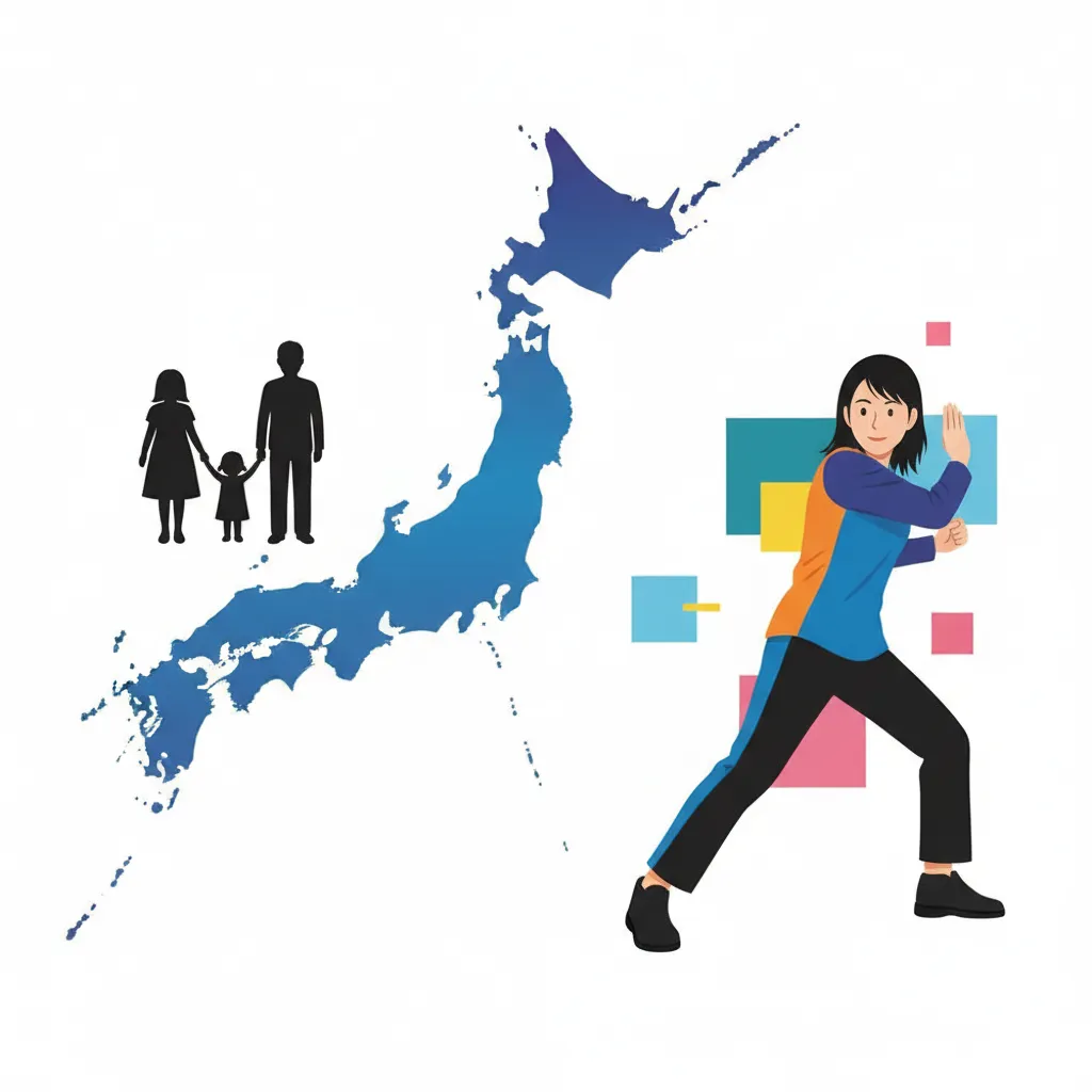 清野菜名さんの記事内容から連想される複数の要素を抽象的に組み合わせています。日本地図は彼女の国籍と出身地を示し、家族のシルエットは温かい家庭環境を象徴しています。右側のアクションポーズをとる女性は、清野菜名さんの女優としての活躍、特にアクションシーンでの才能を表現しており、周囲の幾何学的な模様は彼女の多様な役柄と現代的なイメージを示唆しています。全体として、彼女のルーツとキャリアの両方をシンプルかつ視認性高く表現しています。