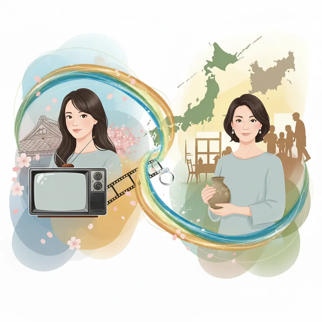 若い頃のテレビ出演と現在の活動、愛知県瀬戸市での地域貢献を象徴する女性のイラスト。過去と現在が流れるような曲線でつながり、桜と日本の地図が背景に描かれています。