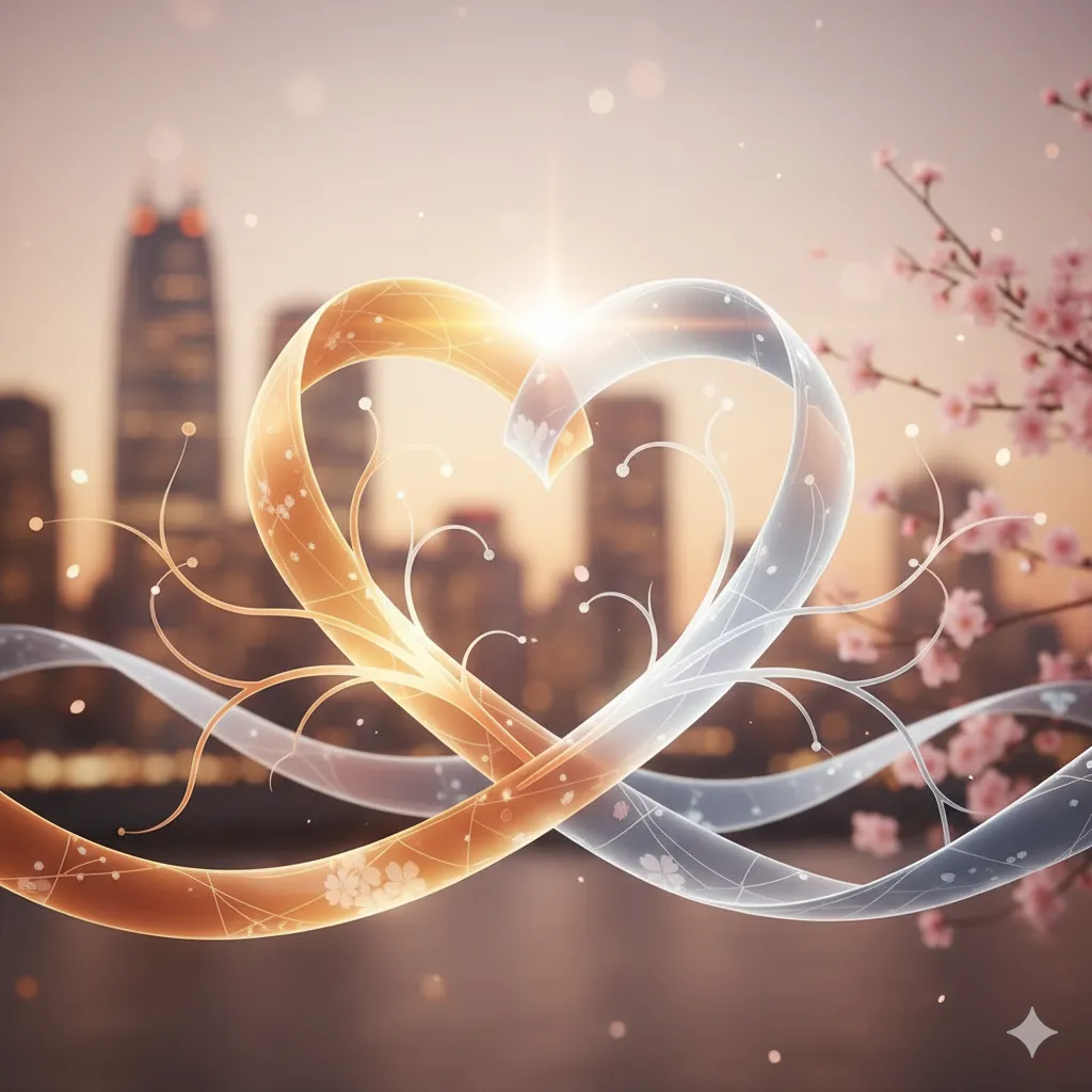 都市の風景を背景に、二つの光り輝くリボンがハートの形を作り、桜の枝が優しく添えられている。