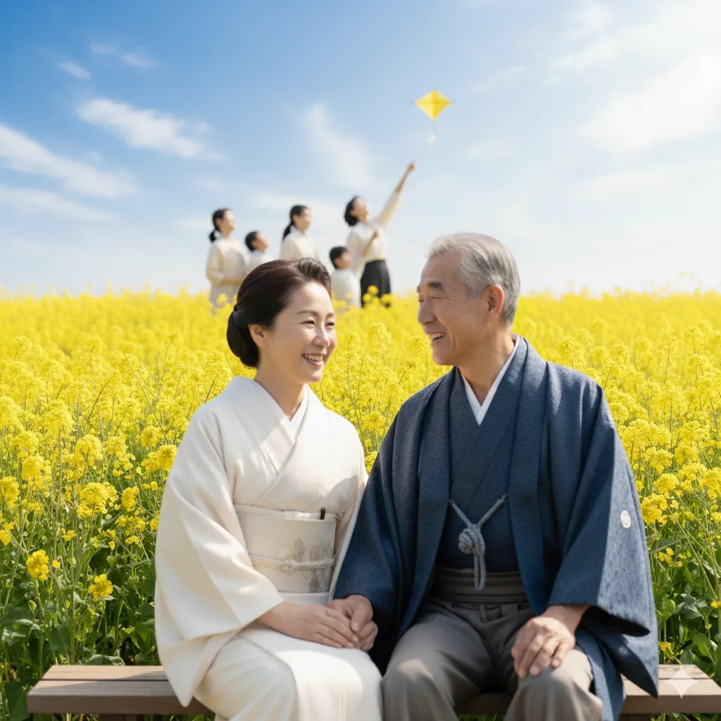 菜の花畑で笑顔で手を取り合う中高年の夫婦。後ろには凧揚げをする子供と大人の家族の姿が見える。