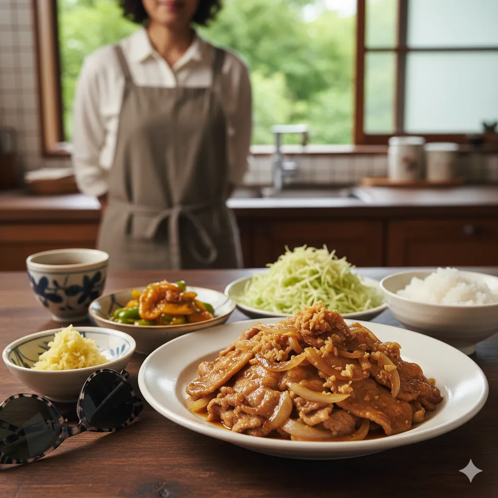 木製のカウンターキッチンに置かれた、とろみのあるタレが絡んだ豚肉と玉ねぎの生姜焼き、千切りキャベツ、ピーマンの醤油煮、ご飯、すりおろし生姜、サングラスが並び、奥にはエプロンを着用した人物が立っている様子。