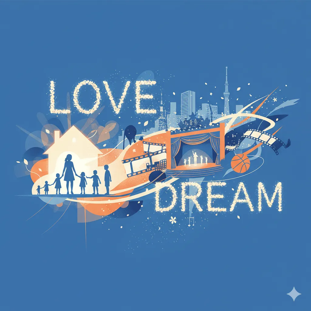 家族、家、劇場、映画のフィルム、バスケットボール、東京スカイツリー、ビル群といった要素が組み合わさり、「LOVE」と「DREAM」の文字が描かれたイラスト。