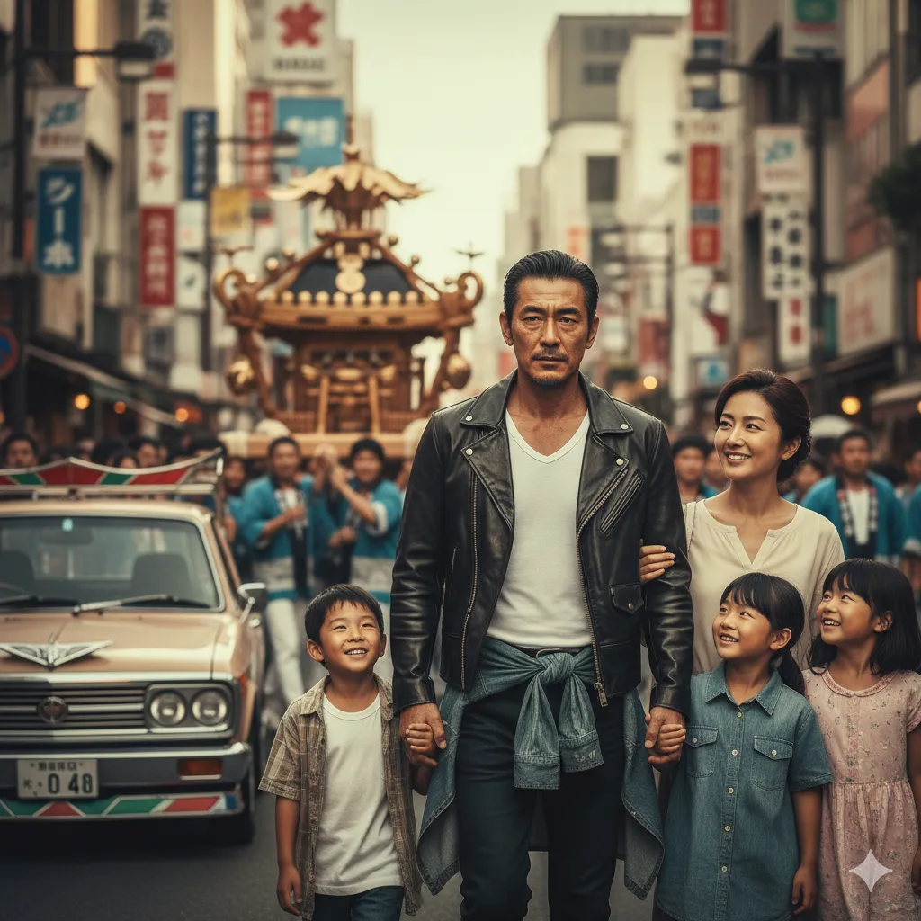 下町の祭りでにぎわう通りを、革ジャンを着た男性と妻、そして3人の子供が手をつないで歩いている。背景には神輿と古いトラックが見える。