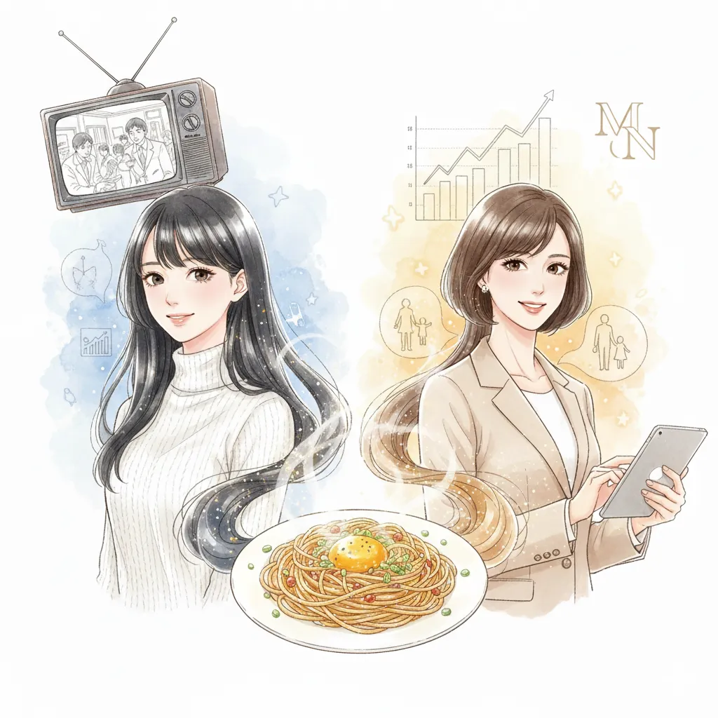 若い頃のテレビ出演と現在のキャリアを象徴する2人の女性のイラスト。左側は黒髪の若い女性で、背景にモノクロのテレビ画面と若い頃のドラマのシーンが描かれている。右側はスーツ姿でタブレットを持つ成熟した女性で、背景にはビジネス関連のグラフや家族のシルエット、ブランドロゴのMとNが抽象的に表現されている。中央には、二つの時代の象徴として、らせん状に吸い込まれるような納豆パスタが描かれており、それぞれの女性の髪がその流れと一体化している。