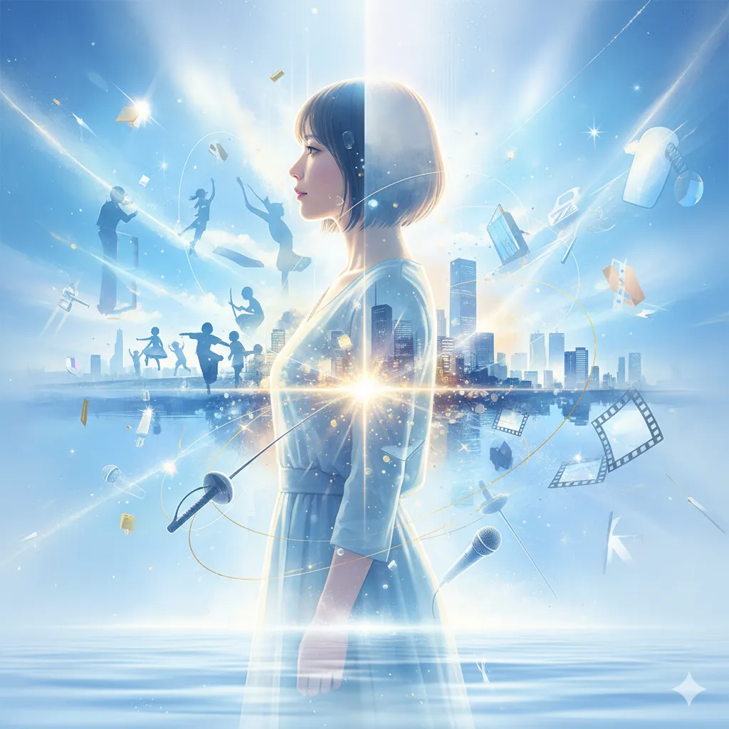 女性の横顔が描かれた幻想的なイメージ。彼女の周りには、子供時代の遊び、バレエ、フェンシング、都会のビル群、映画のフィルム、マイク、水着など、過去と現在のキャリアを象徴する要素が光の粒子として散りばめられている。