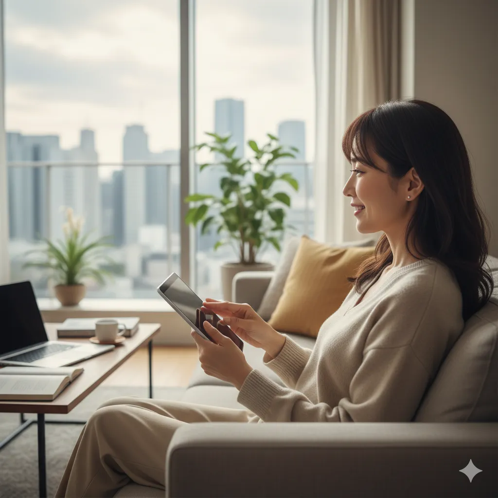 自宅のリビングでタブレットを操作しながらくつろぐ女性。窓の外には都会の景色が広がり、植物が置かれたモダンな空間で、自分らしい時間を大切にしている様子。