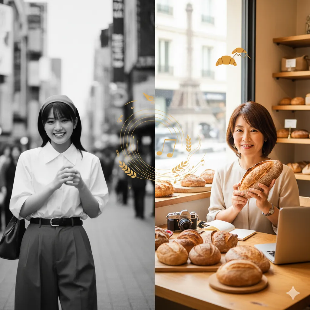 ファッションモデルとして活躍する若い女性がモノクロで描かれた左半分と、パンコーディネーターとして働く大人の女性がカラーで描かれた右半分を組み合わせた画像。中央にはパンと音符のイラストが描かれ、過去と現在のキャリアの融合を表現している。