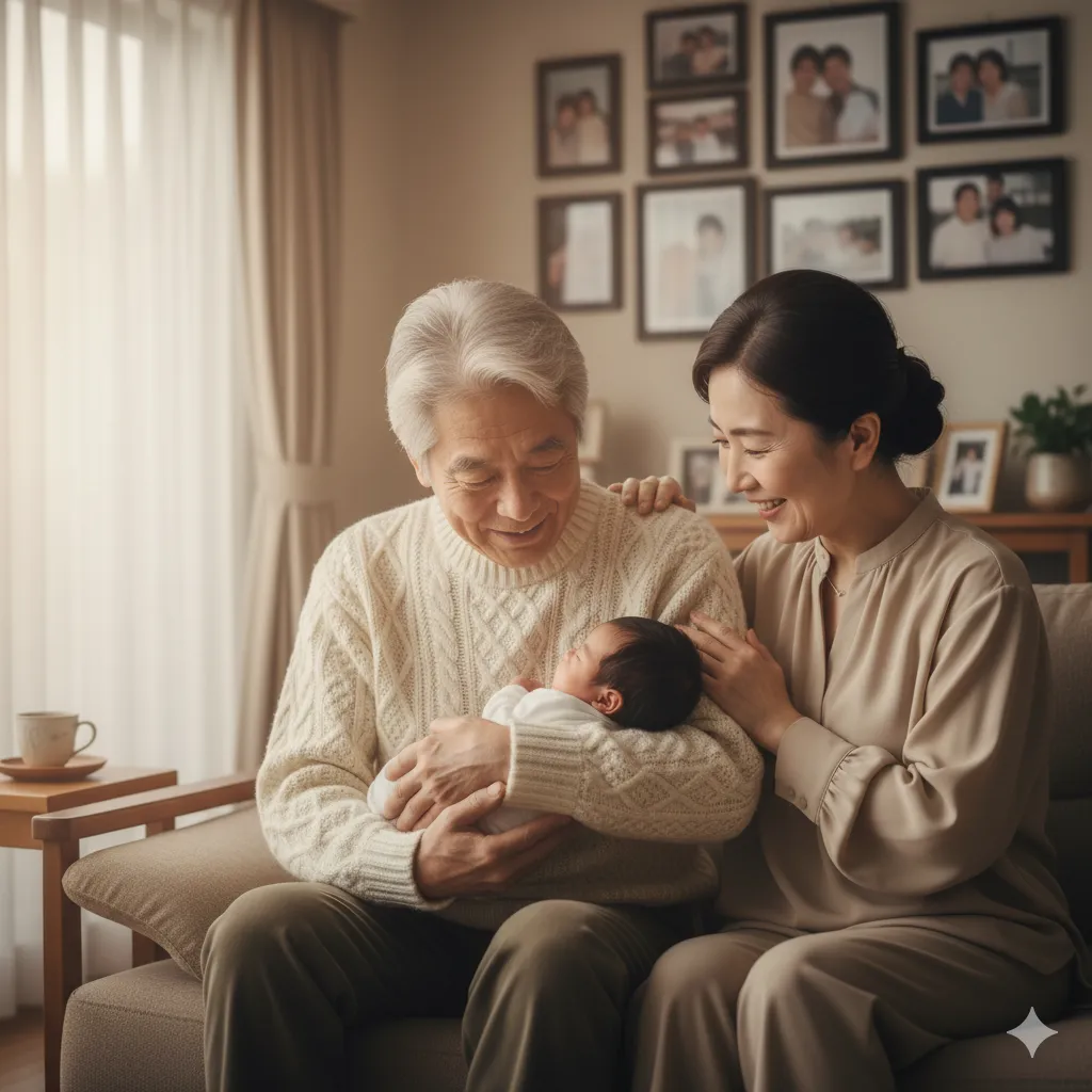 : 日本人夫婦が新生児を抱っこしている写真。夫婦は笑顔で赤ちゃんを見つめている。