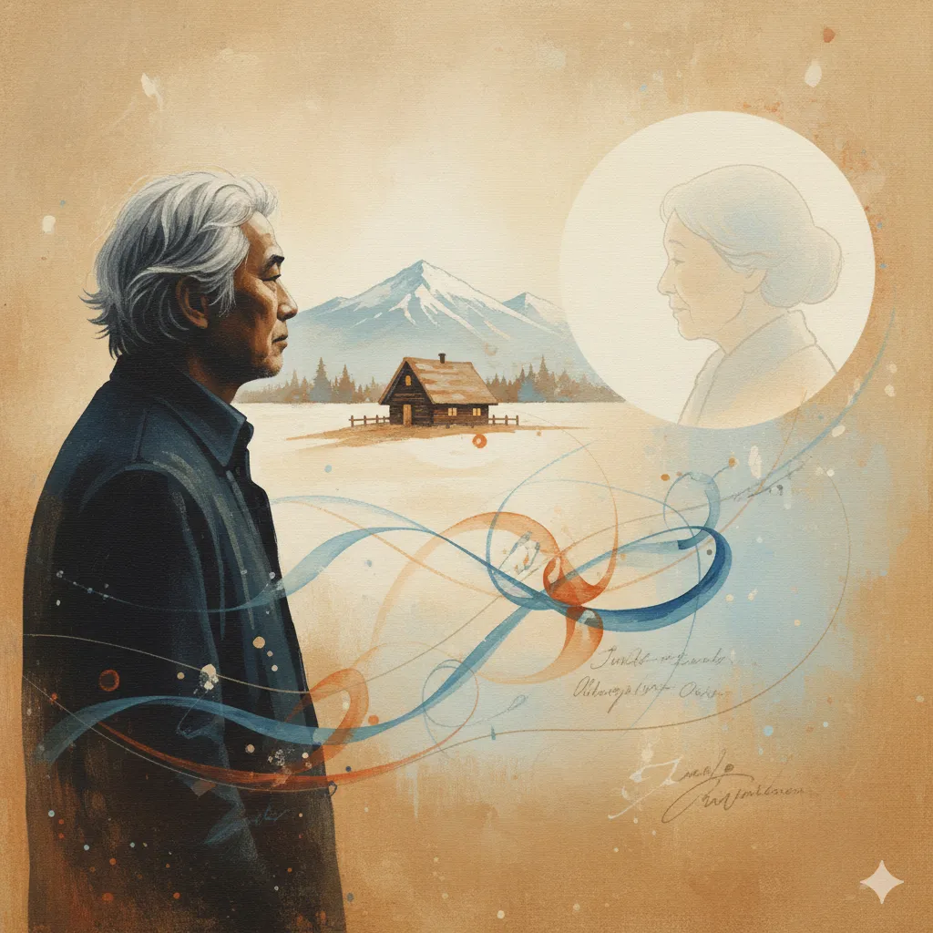 白髪の男性が遠くを見つめる横顔と、北海道の雪景色の中にある小さな山小屋、そして老年の女性の横顔が描かれたイラスト。男性の周りには抽象的な曲線が描かれ、全体的に温かみのあるトーンでまとめられている。