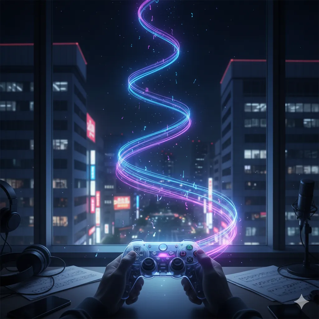 代替テキスト: 夜景が見える窓際で、ゲームコントローラーを両手で持ち操作している人物の視点。窓の外からは、青とピンクのグラデーションの光が渦巻きながら立ち上り、音符が舞っている。デスクにはヘッドホンとマイク、楽譜が置かれており、声優の仕事と趣味のゲームが融合したような幻想的な光景が広がる。