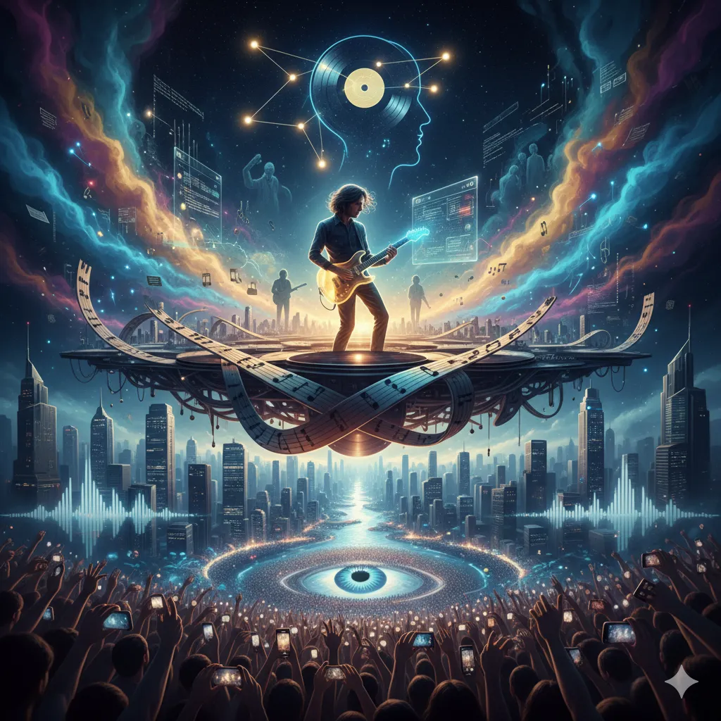 未来的なステージでギターを弾くミュージシャン、周囲にAIと音楽の要素、下部にライブを楽しむ観客の抽象画。
