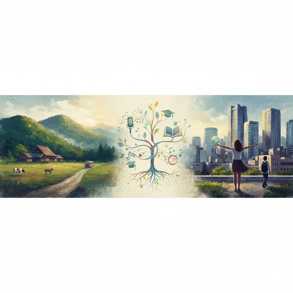 長崎の田園風景と東京の都市風景が左右に広がり、中央には音楽や学問、演技を表すアイコンが描かれた木が配置されたイラスト。二人の人物が都市風景を眺めている。