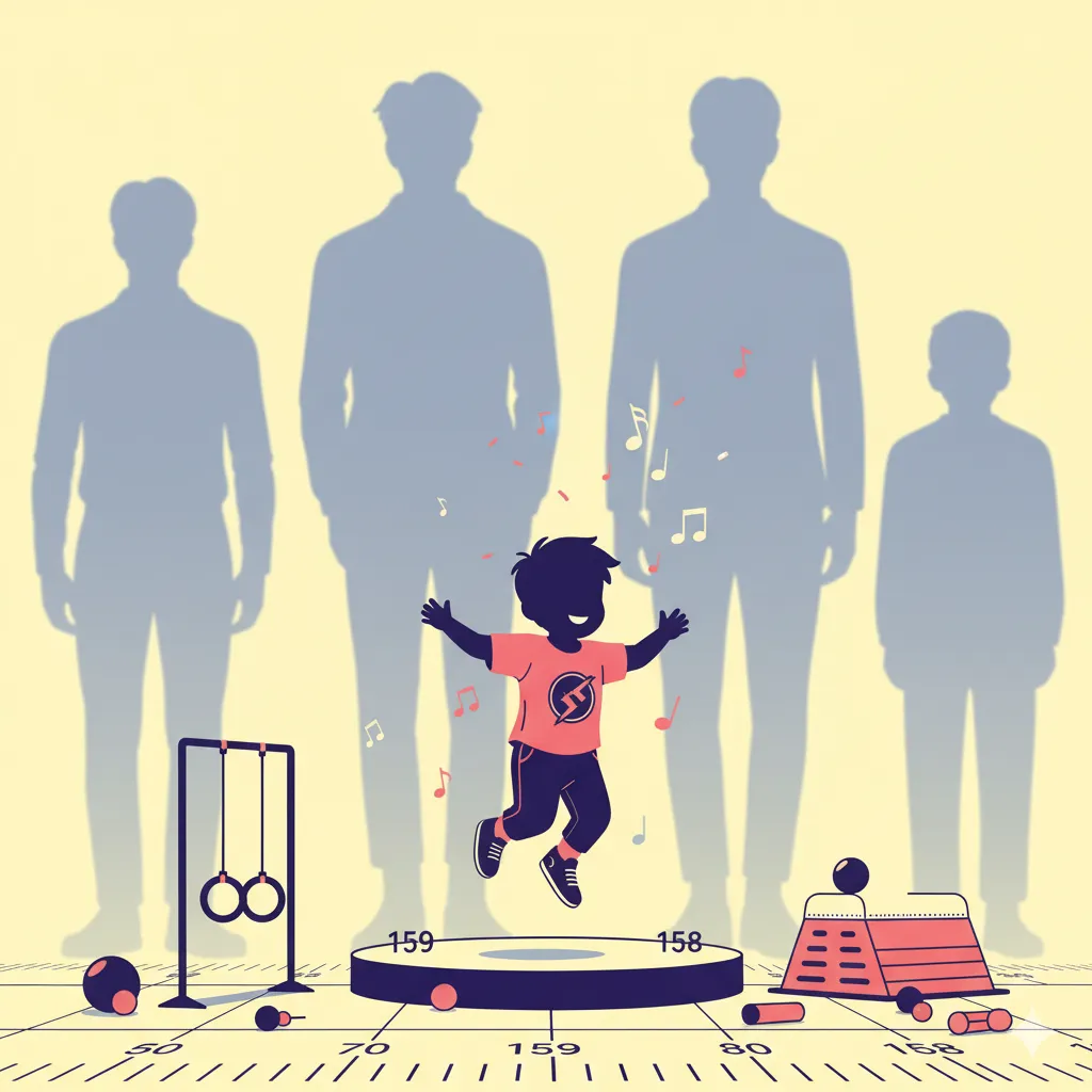 ジャンプする小柄な男性アイドルのシルエットと、彼を取り囲む様々な身長の男性たちの影。床には体操器具と身長を示す数字が散りばめられている。