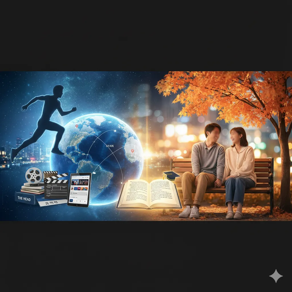 福士蒼汰のキャリアと私生活を象徴する要素が融合したイラスト。左側には地球儀の上を走る男性のシルエット、映画フィルム、カチンコ、タブレット、本が配置され、グローバルな活躍と学習意欲を示唆。右側には夜の公園のベンチに座り、穏やかに語り合うカップルが描かれ、プライベートや熱愛の噂を表す。