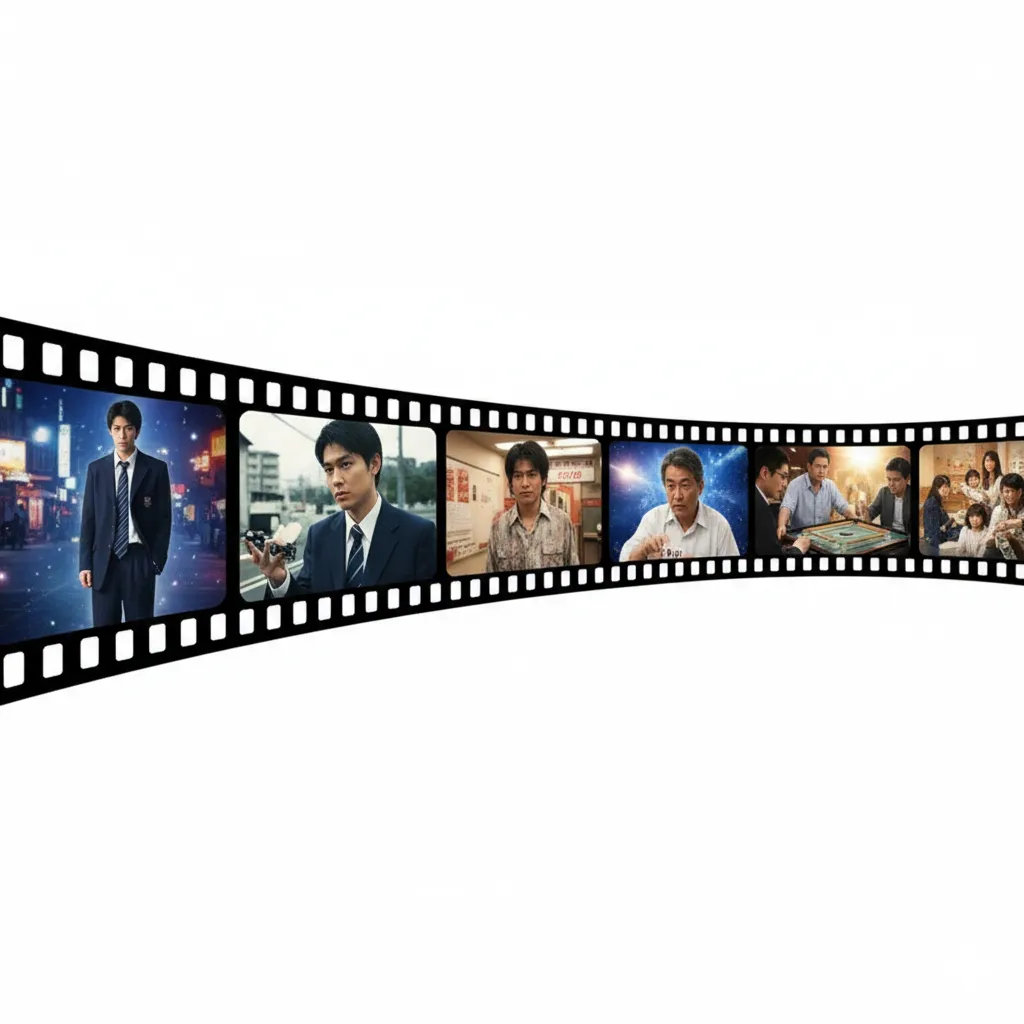 映画のフィルムが伸びるように構成された横長のコラージュ画像。フィルムの中には、若き日の男性が演じる学生服姿や不良姿のシーン、そして年齢を重ねた男性の役者としての姿が映し出されている。フィルムの外には、左側に夜の繁華街に立つ若い男性、右側には麻雀卓を囲む男性、さらにその奥には家族と思われる人々が描かれ、宇宙のような背景と光が広がっている。