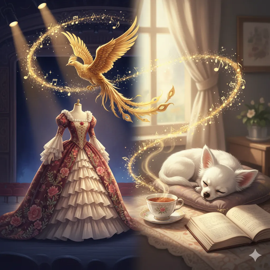 画面が左右に分割され、左側はスポットライトが当たる舞台上に華やかなドレスと金色の不死鳥が描かれ、右側は穏やかな室内で白いチワワが眠り、その傍らにはカップと開いた本がある。両側から音楽の記号が舞い上がり、中央で一つになっている。