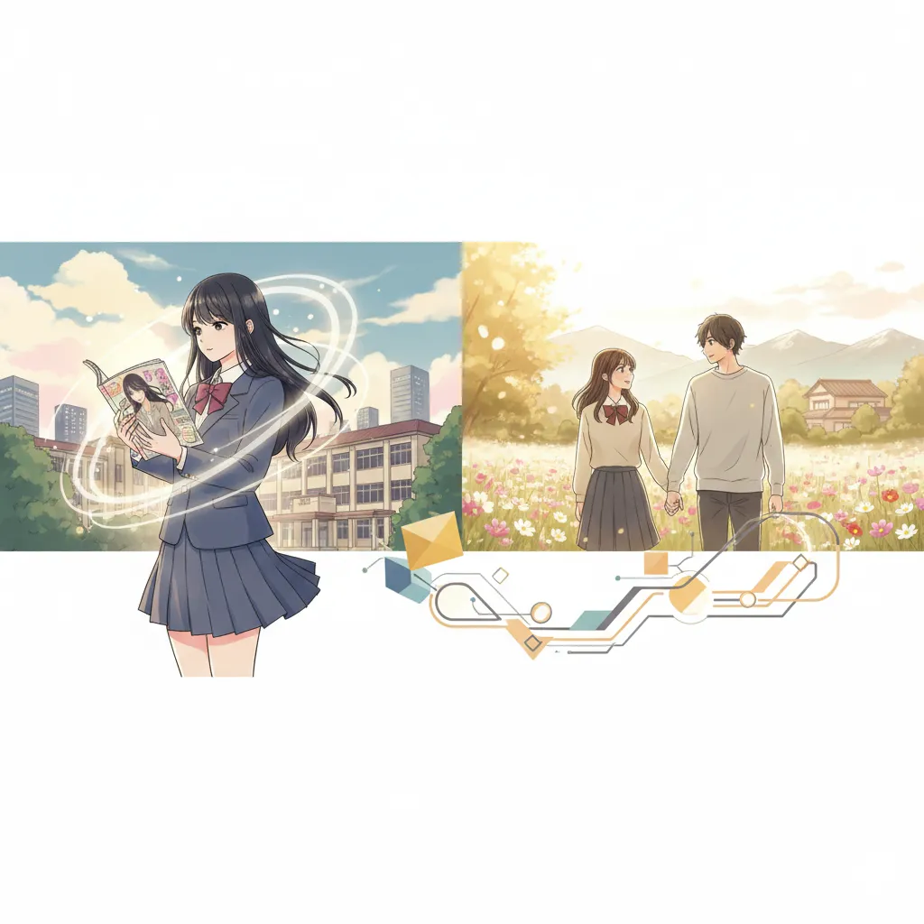 高校時代の波瑠がファッション雑誌のモデルとして輝く姿と、将来のパートナーである高杉真宙との穏やかな結婚生活を象徴するイメージが、時を超えて繋がるように描かれている。左側にはセーラー服を着た若い女性が雑誌を手に持ち、背景には学校らしき建物と都会の風景が広がる。右側には、花咲く草原の中で手をつないで歩くカップルの姿があり、遠くには家々と山々が見える。二つのシーンは抽象的なデザイン要素によって結びつけられており、過去から現在への繋がりや、芸能活動とプライベートな幸せの両方を表現している。