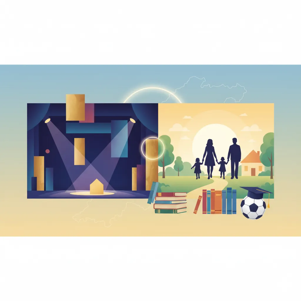 舞台のセットと、家族のシルエット、本、卒業帽、サッカーボールが描かれたイラスト。背景には日本の地図の輪郭がある。