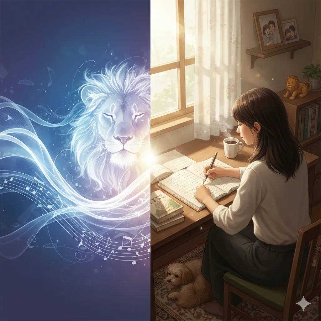 若い女性が窓辺の机でノートに書き込み、足元には犬が寄り添っている。机の上には家族写真とライオンの置物がある。隣には、ライオンの顔と音符が融合した幻想的なイメージがある。