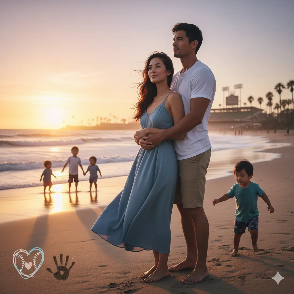 夕焼けのビーチで夫婦が抱き合い、3人の子供たちが波打ち際で遊んでいる。