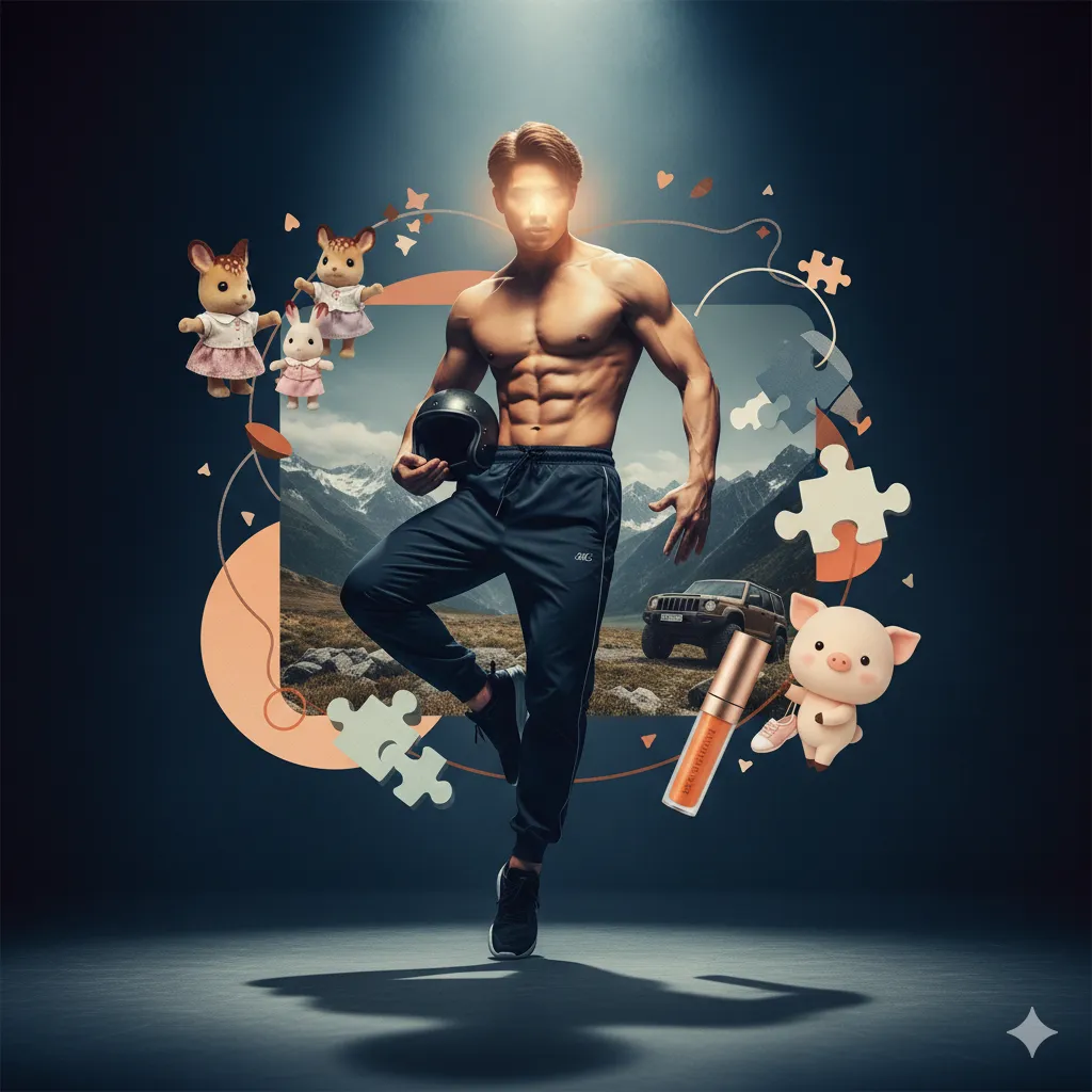 岩本照さんの多様な魅力を抽象的に表現したイラスト。鍛え上げられた肉体を持つ男性を中心に、シルバニアファミリー、オフロード車、ピグレットのような豚のキャラクター、そしてリップグロスなど、彼の趣味や内面を表す要素が周囲に配置されています。背景には山脈が広がり、パズルのピースが散りばめられています。