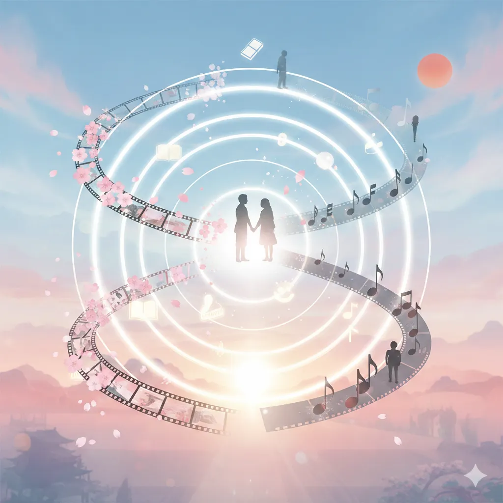 桜の花びらが舞うフィルムストリップと音符が描かれた道がらせん状に伸び、中央で手をつなぐ二人の人物と、その背景に朝日が昇る幻想的なイラスト。