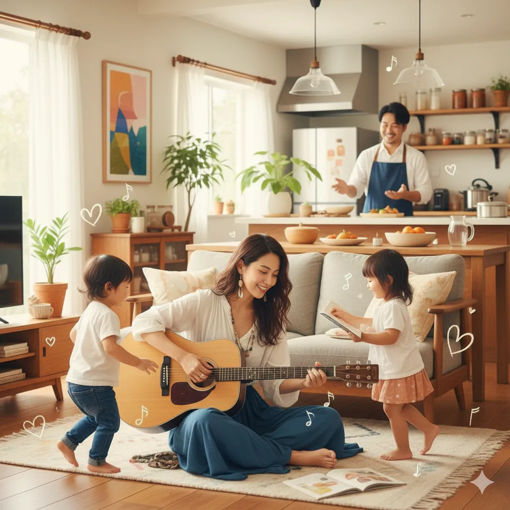 現代的で温かみのあるリビングキッチンで、床に座ってギターを弾きながら微笑む若い母親と、その周りで楽しそうに遊ぶ2人の幼児、そしてキッチンで料理をする若い父親が描かれている。