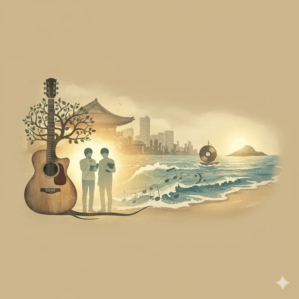 茅ヶ崎の海岸線を背景に、アコースティックギターの木から音楽が溢れ出す様子。二人の男性が語り合うシルエットと、遠景に都会のビル群、海に浮かぶレコード型の船が描かれている。