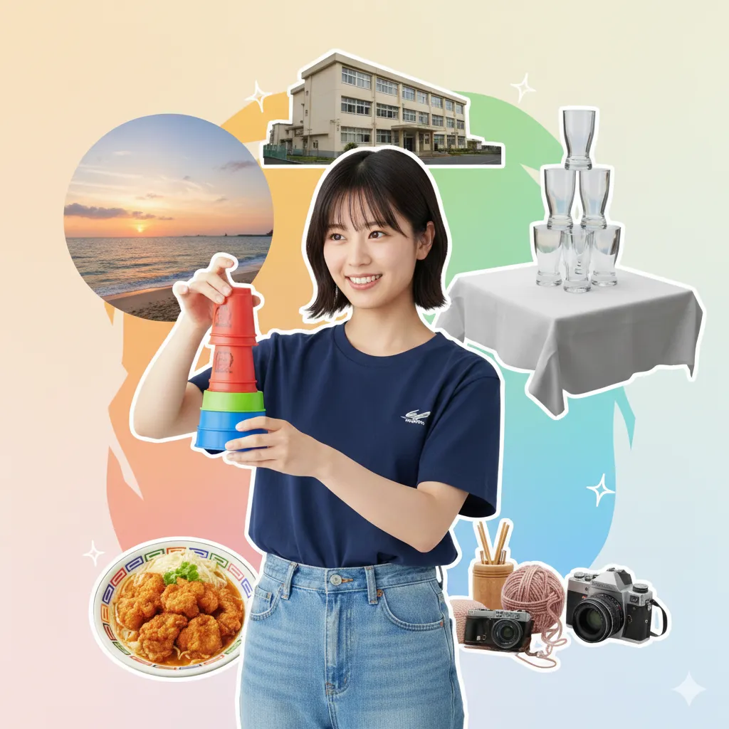 森川葵さんの記事に関連する要素をコラージュしたイメージ画像。中央には笑顔の女性がスポーツスタッキング用のカップを持っている。その周りには、海岸の夕日、学校、グラスが積み上げられたテーブル、唐揚げ、カメラ、毛糸と編み棒が配置されている。