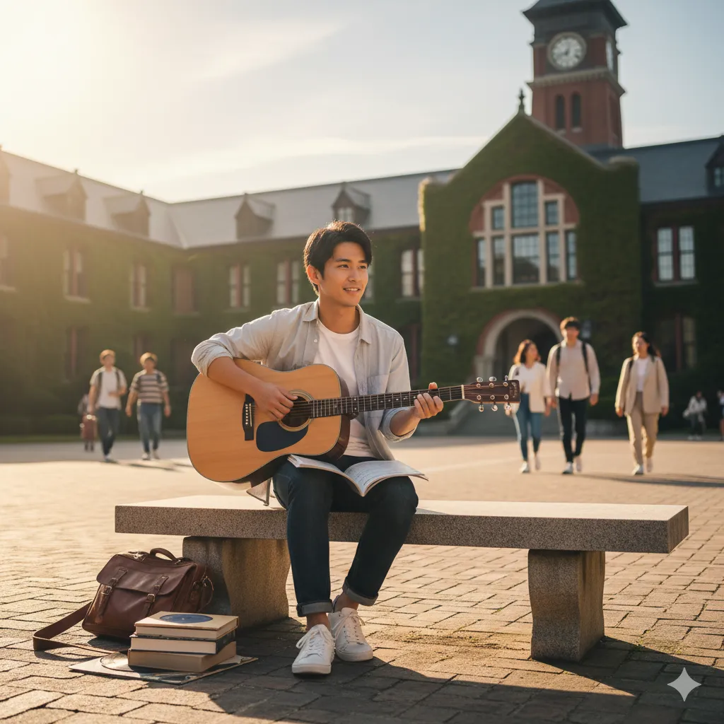 代替テキスト: 大学のキャンパスでギターを弾く若者のイメージ。学生らしき人々が行き交う中、ベンチに座ってギターを奏でる男性の姿が、学業と音楽活動の両立を示唆している。