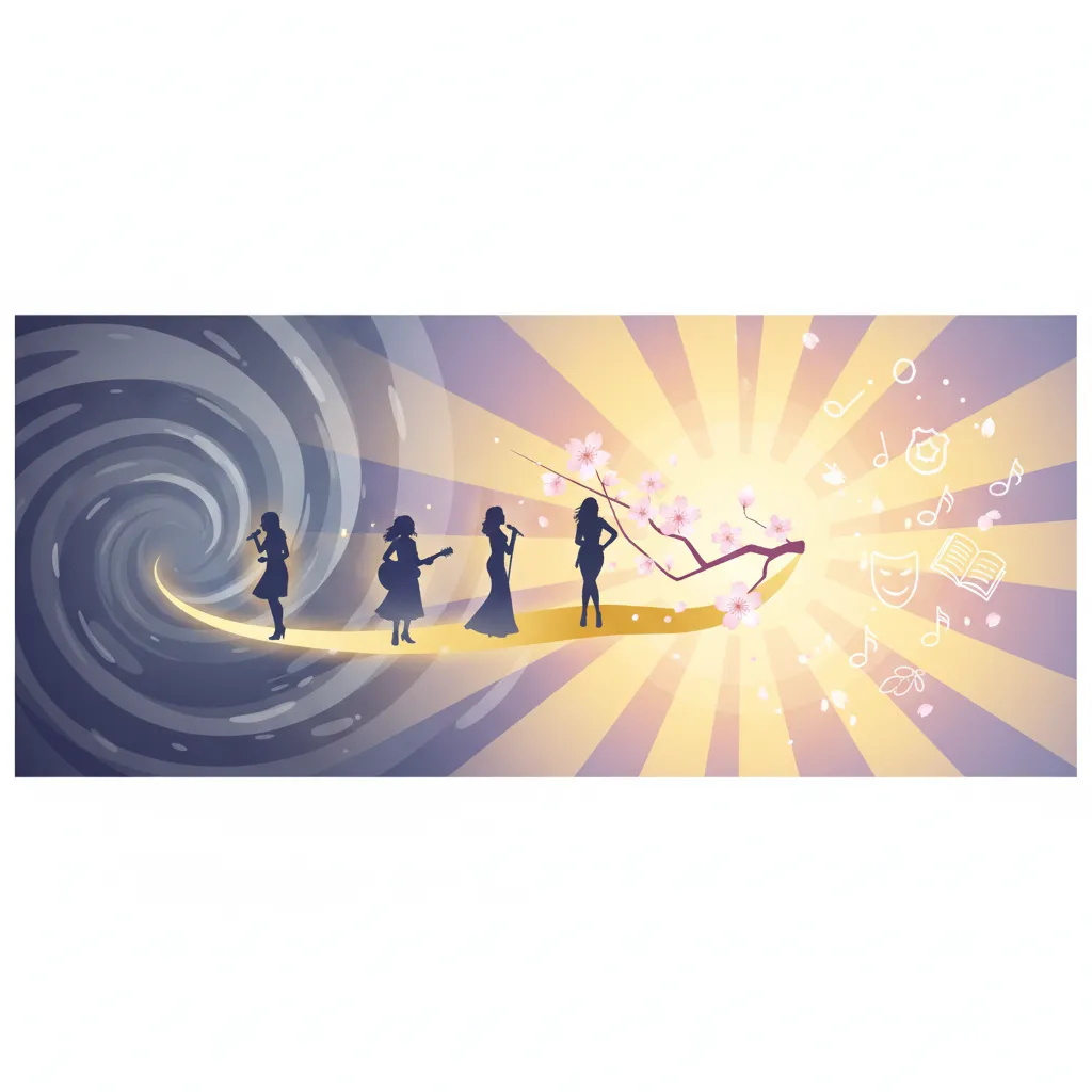 渦巻く暗闇を抜け、桜の枝が伸びる明るい未来へと向かう女性のシルエット。歌い、ギターを弾き、ポーズをとる姿は、女優や歌手としての多様な活動と成長を象徴しています。背景には演劇、音楽、書籍のアイコンが描かれ、彼女の幅広いキャリアと成功を示唆しています。