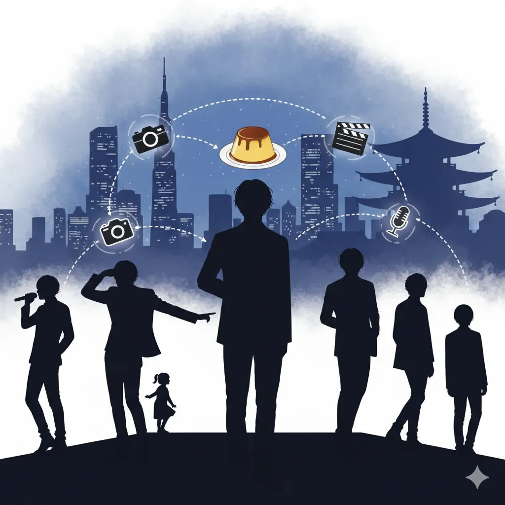 複数の人物のシルエットが、様々なポーズでステージのような場所に立っている。中央には一人の男性のシルエットがあり、その頭上にはプリンのイラストが浮かんでいる。プリンからは点線の矢印が、カメラ、マイク、映画のカチンコといったアイコンへと伸びている。背景には日本の都市のスカイラインと伝統的な五重塔が描かれ、全体的に青と黒を基調とした夜の雰囲気が表現されている。