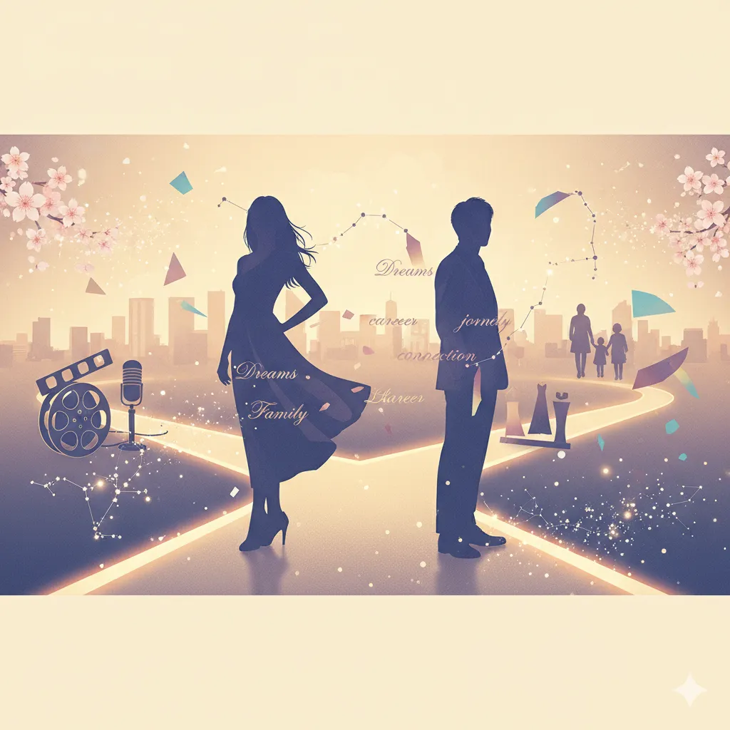 女性と男性のシルエットが背中合わせに立ち、それぞれの人生の道を象徴する抽象的な要素が描かれている。女性の周りには桜、映画のリール、マイク、そして「Dreams」「Family」といった言葉が浮かび、キャリアと家庭のバランスを表現。男性の周りには「Dreams」「career」「journey」「connection」といった言葉が描かれ、仕事や旅路を象徴している。背景には都市のスカイラインがあり、家族のシルエットも遠くに見える。全体的に淡い光が差し込み、夢や希望を感じさせる雰囲気。