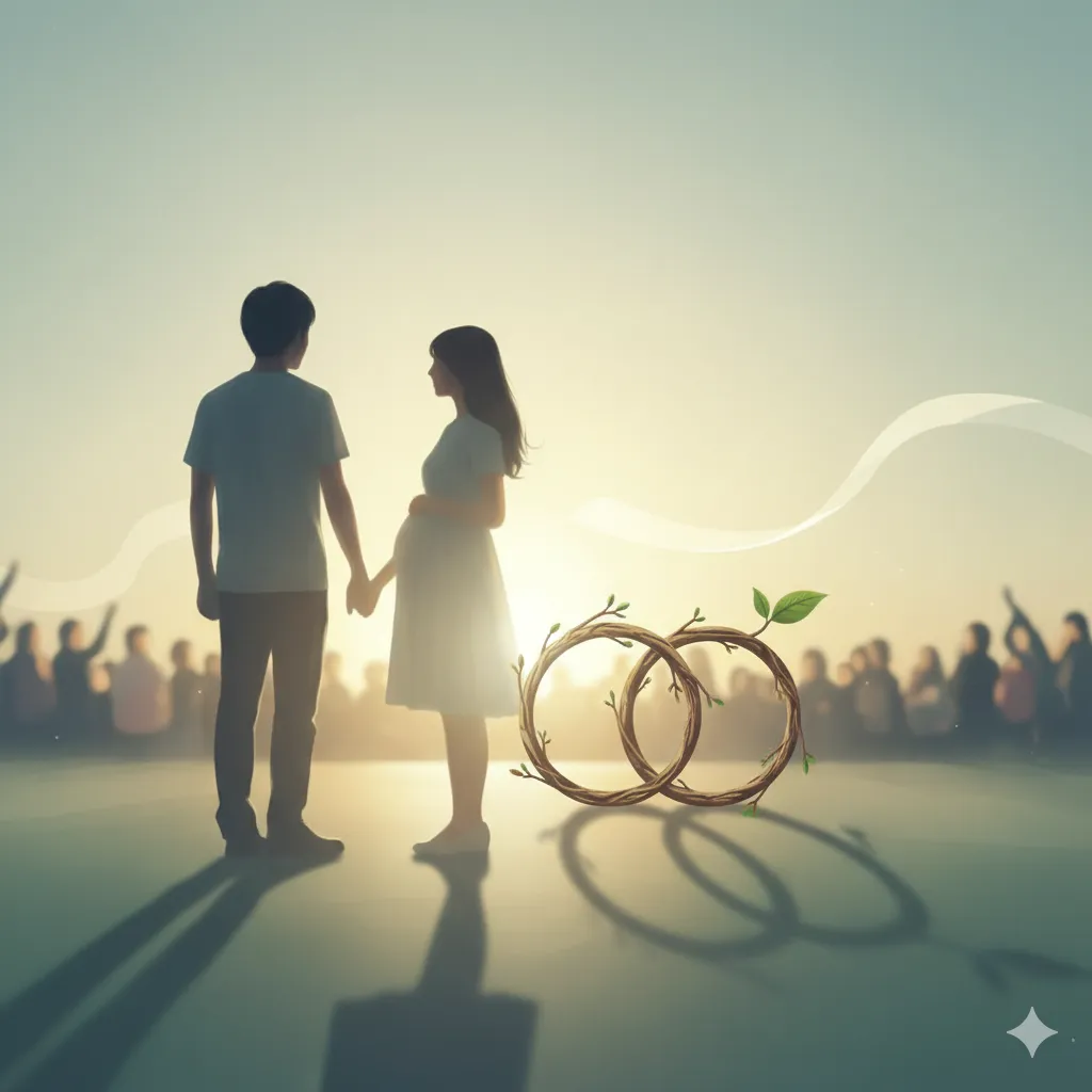 夕焼けを背景に手をつなぎ見つめ合う男女のシルエット。女性は妊娠している様子で、二人の間には葉をつけた木の枝で作られた結婚指輪のオブジェが置かれている。背景には多くの人々のシルエットがあり、祝福を連想させる。