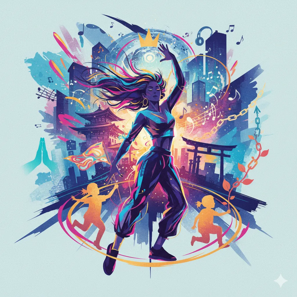 都会のビル群を背景に、鮮やかな色彩で描かれた躍動感あふれる女性ダンサーが中央に配置されています。彼女の周りには音符や抽象的な光のモチーフが舞い、下方には無邪気に踊る子供たちのシルエットが描かれています。右端には日本の鳥居、左端には合掌する手が、異なる文化的な要素を象徴的に表現しています。全体的にポップでエネルギーに満ちた、モダンなアートスタイルです。