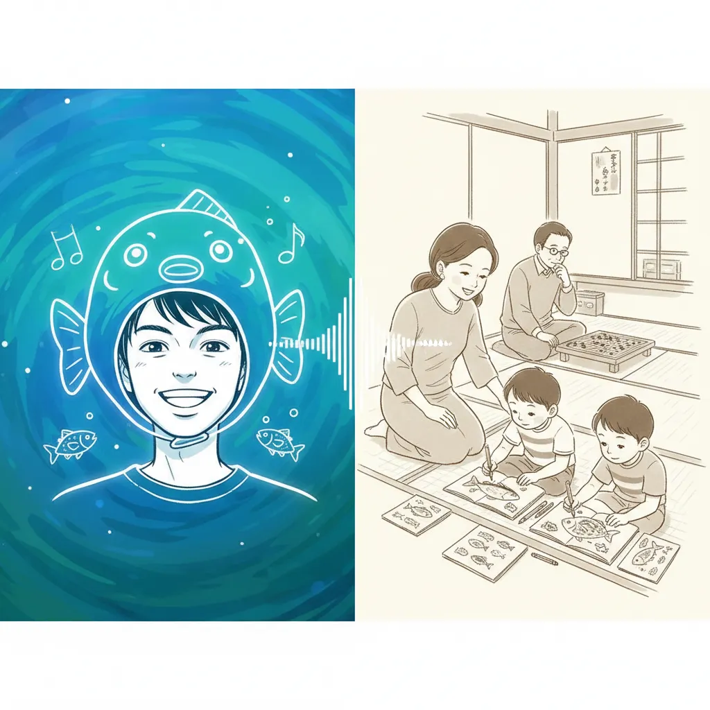 若い頃のさかなクンと家族のイラスト。左側は魚の帽子を被り笑顔で話す若いさかなクンの線画イラストが青い水と音符の背景に描かれており、彼の魚への情熱やメディアでの活動を象徴しています。右側は、畳の部屋で母親が見守る中、幼い子供が魚の絵を描いており、父親が囲碁盤を見つめています。これは、さかなクンの家庭環境、特に彼を支え、才能を育んだ母親の教育方針と家族の温かい絆を示しています。