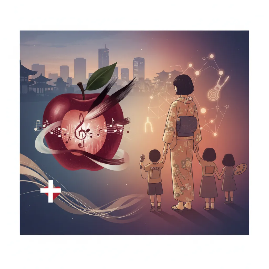 椎名林檎の音楽性と母としての顔を象徴する抽象画。左側には音符と筆致が融合したリンゴ、右側には着物姿の女性（母親）が3人の子供たちと手をつなぎ、未来を見つめる姿が描かれている。背景には日本の都市風景と伝統的な建築物が融合し、過去から未来へ続く時間の流れと、アーティストの多様なルーツや活動、そして家族との絆を表現している。また、左下にはヘルプマークに酷似しないように配慮されたシンプルな白十字が配置され、過去の出来事への配慮も示唆している。