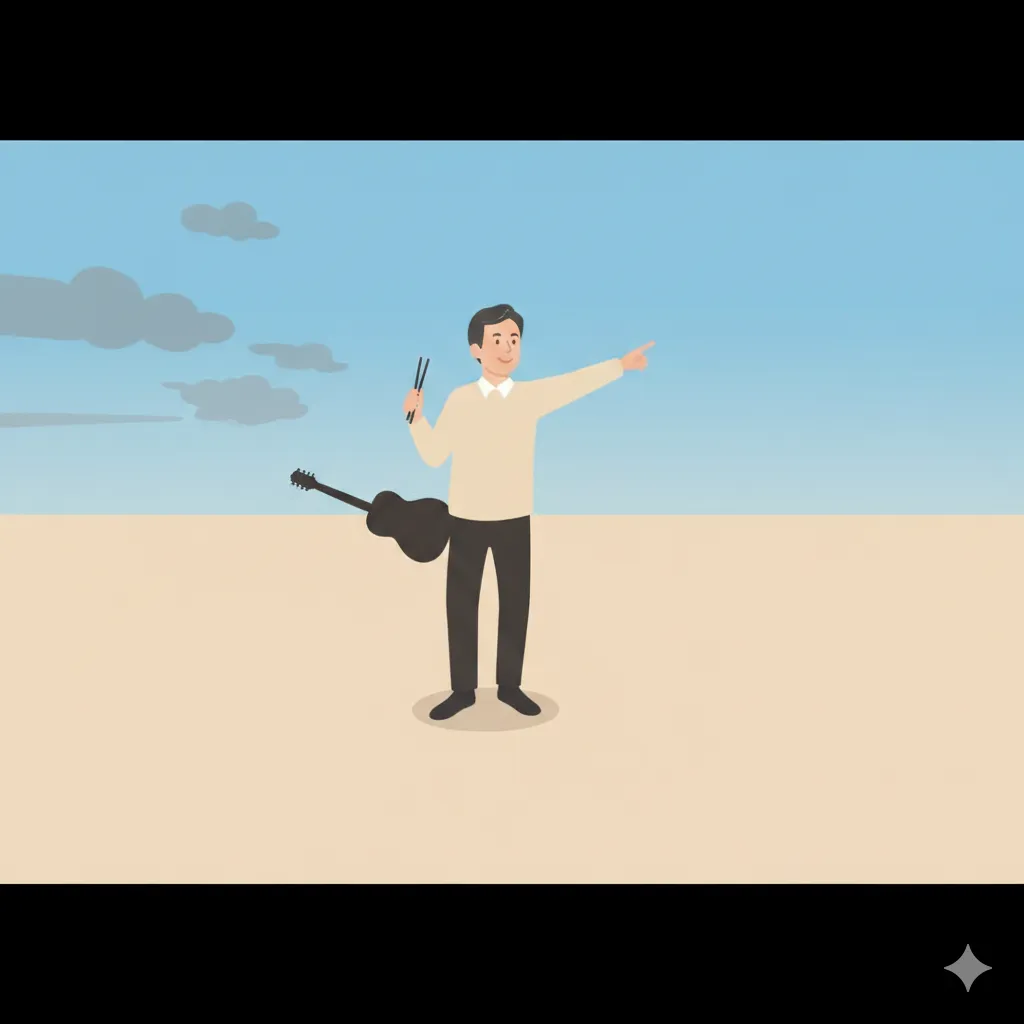 砂漠のような広大な空間で、片手に箸を持ち、もう片方の手で遠くを指差す男性。彼のそばにはギターが置かれ、空には雲が浮かんでいます。