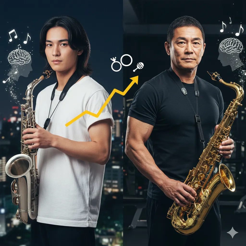 昔の自分と今の自分を比較する若い男性と中年の男性がサックスを演奏している。