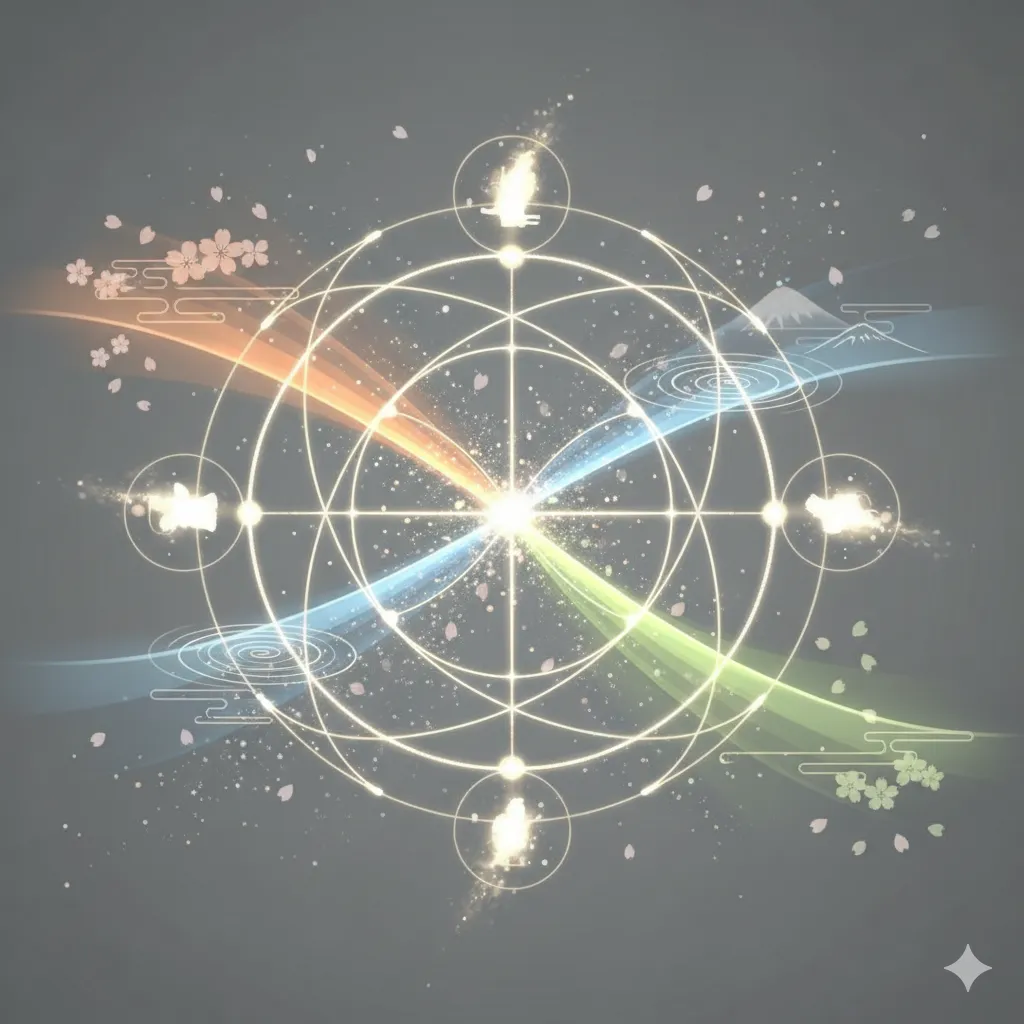 光輝く円形の中に、桜の花びら、富士山、波紋などの和のモチーフが配置され、それぞれの要素が光の筋でつながり、渡辺謙さんの人生の複雑な繋がりや家族の歩みを象徴的に表現している抽象画。