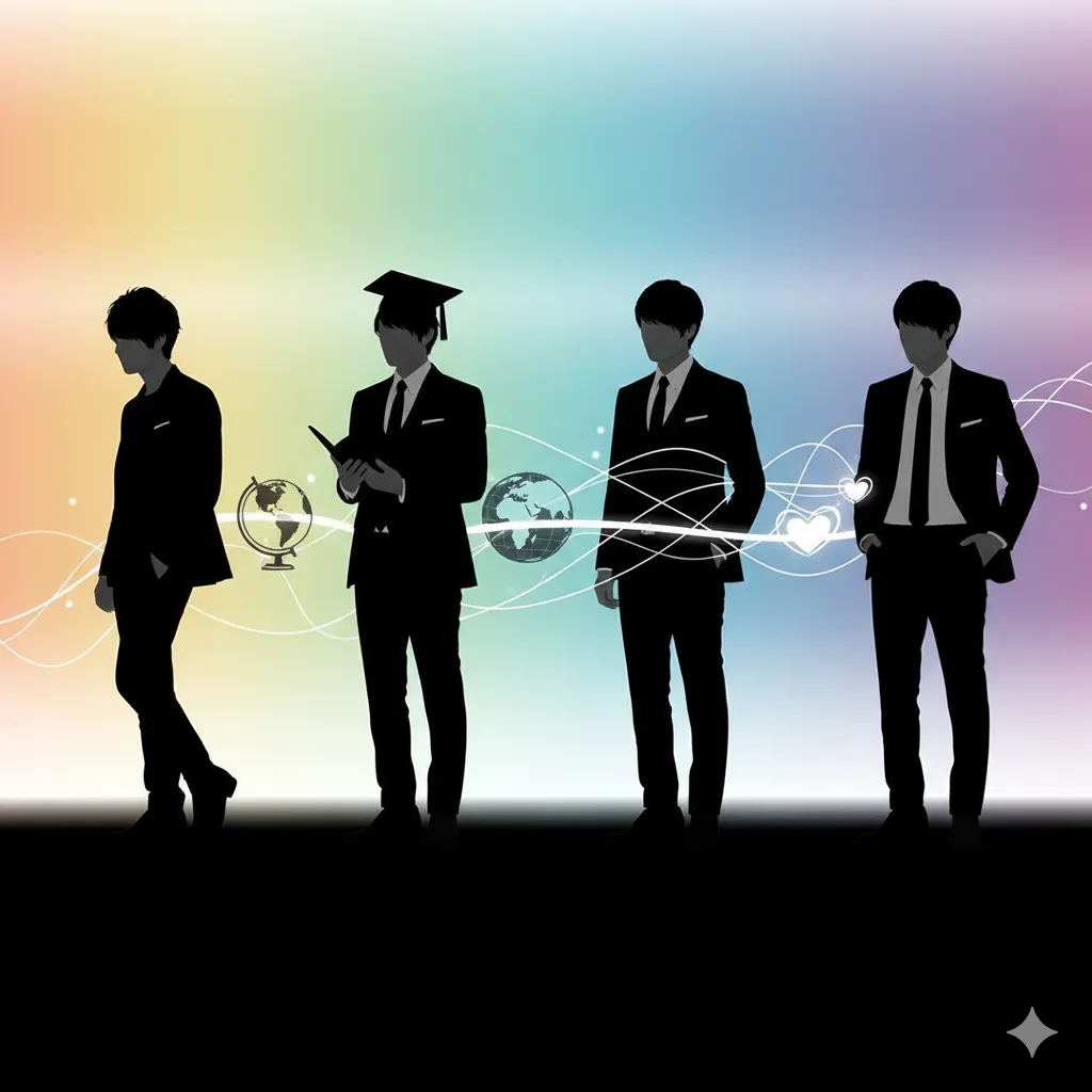 若き日のアイドルを思わせる人物から、学士帽を被り本を持つ学生、そして地球儀と繋がりを示す光の線に囲まれたスーツ姿の国際的な男性へと変遷する4人の日本人男性のシルエットが描かれている。右端の人物は胸元に抽象的なハートの光を帯びており、形式にとらわれない心の繋がりを表現している。背景は柔らかなグラデーションで、キャリアと人生の多様なステージを象徴している。