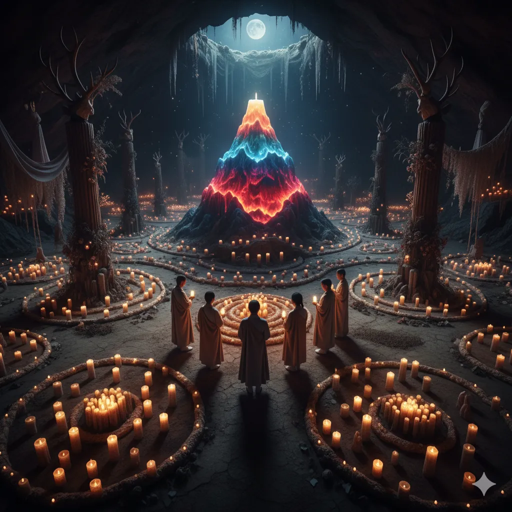 暗い洞窟の中で、複数の人々が中央に高く積み上げられたカラフルなキャンドルを囲んで立っている。周囲には無数の小さなキャンドルが螺旋状や円形に並べられ、幻想的な光景を作り出している。天井からは氷柱が下がり、上部には満月が輝いている。