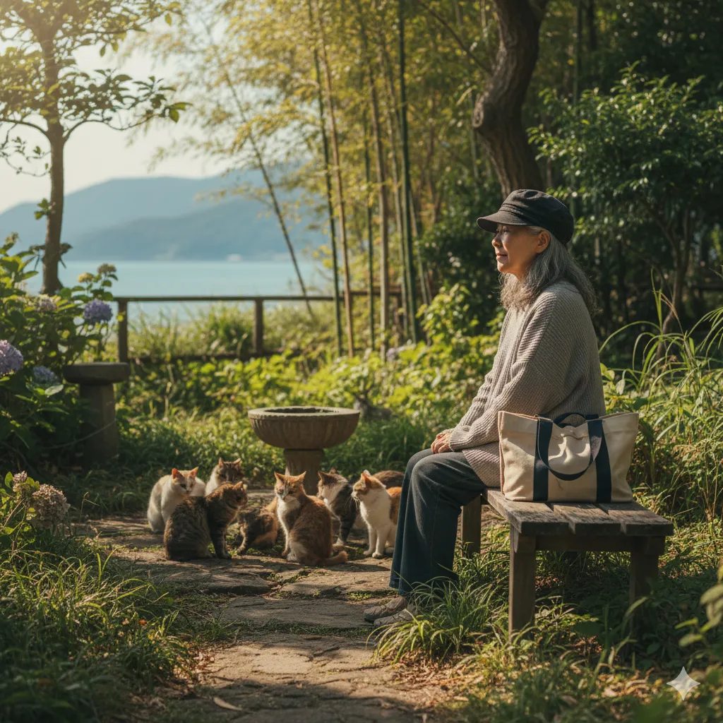 自然豊かな小田原の海を望む場所で、キャップを被った年配の女性がベンチに座り、多くの猫に囲まれている様子。陽光が差し込み、穏やかな時間が流れている。