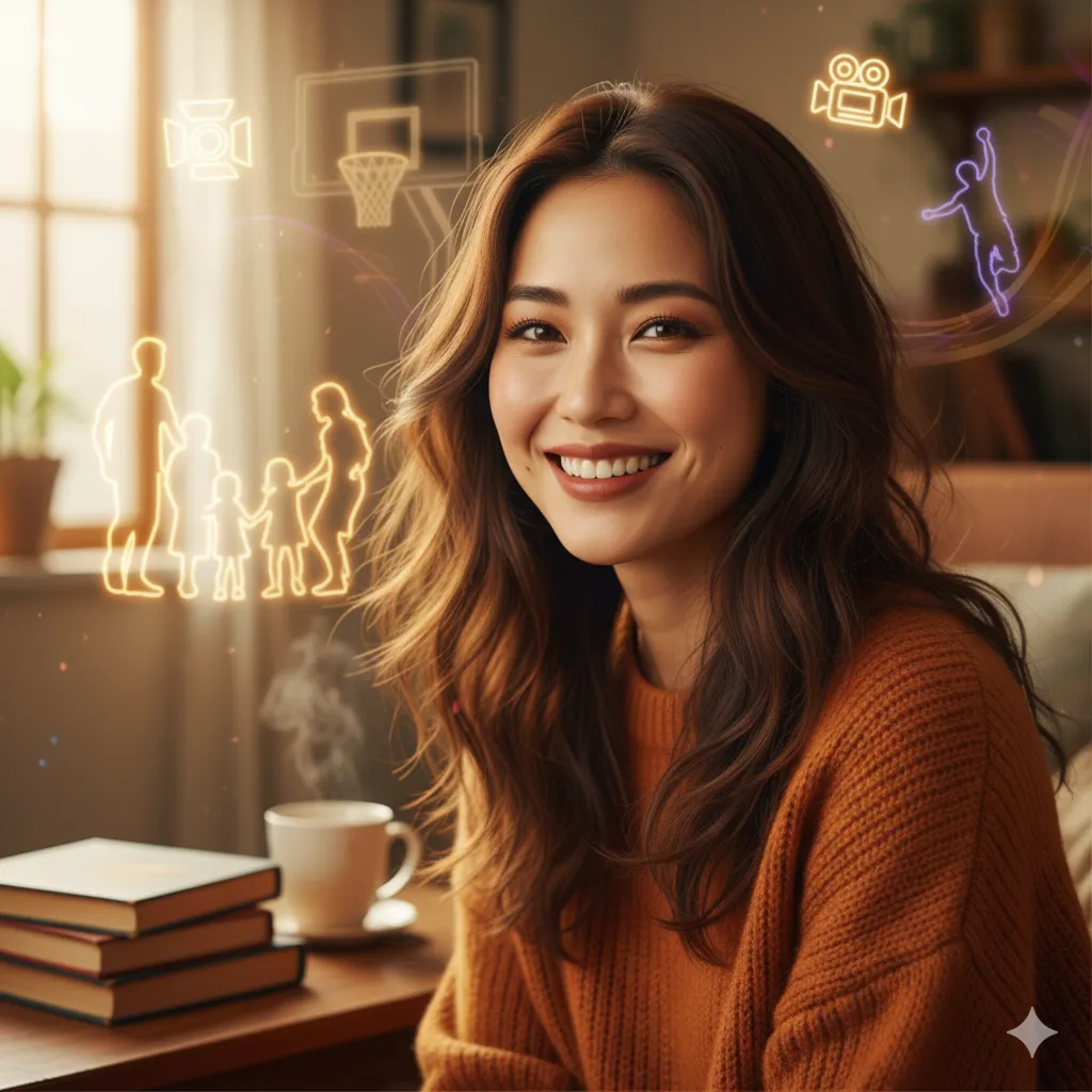 広瀬アリスさんの魅力を象徴するイメージ画像。笑顔の日本人女性が、家族の絆、バスケットボール、そして女優としての成長といった、彼女の人生の重要な要素に囲まれて輝いている様子を描いています。