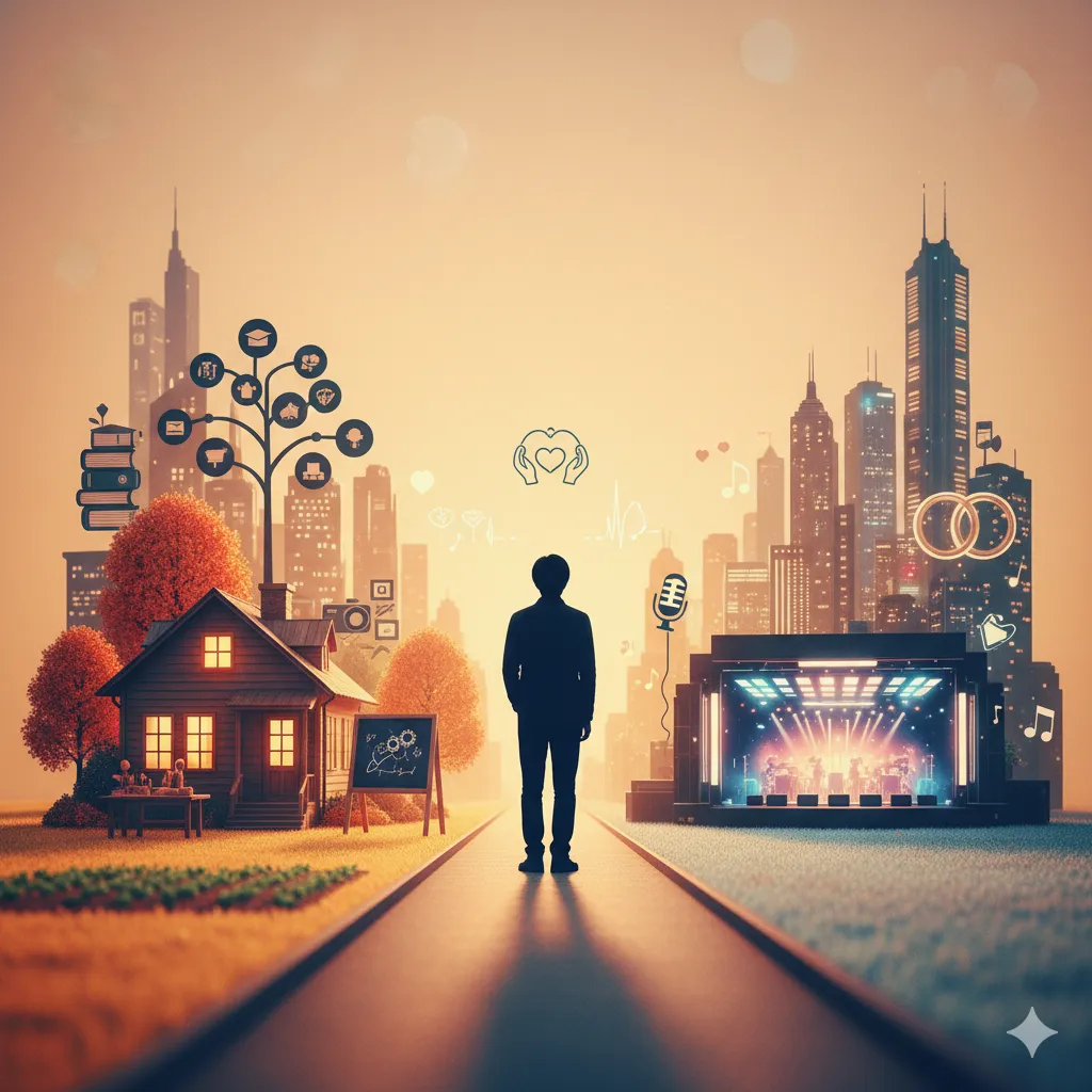 静かな田園風景と都会的な風景が対比された中で、一人の人物がそれぞれの道の始まりに立っている。田園風景側には、家庭的な家、教育を象徴する黒板や本、秋の木々が描かれ、家族の温かさや学びの基盤を表現している。都会的な風景側には、高層ビル群、結婚指輪のアイコン、マイク、音楽ステージが描かれ、芸能活動や成功、そして結婚生活を象徴している。中央に立つ人物のシルエットは、どちらの道も歩む可能性を秘めていることを示唆し、人生の選択やキャリア形成、そして家族との絆を象徴する。