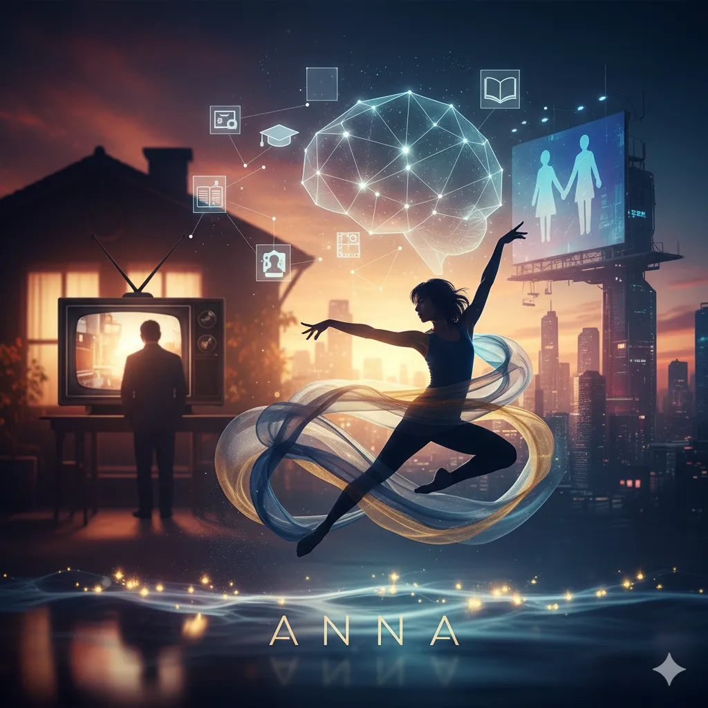夕焼け空を背景に、都会のビル群と家屋が並ぶ風景の中に、バレエのようなポーズをとる女性のシルエットが浮かび上がっています。女性の周りには、知性を象徴する脳のニューラルネットワークや、学業、エンターテインメント、家族の絆などを表すアイコンが光の線でつながっています。遠くにはテレビ画面に映る男性のシルエットが見え、女性の足元には「ANNA」という文字が反射しています。全体的に幻想的で、夢と現実が混ざり合ったような雰囲気です。