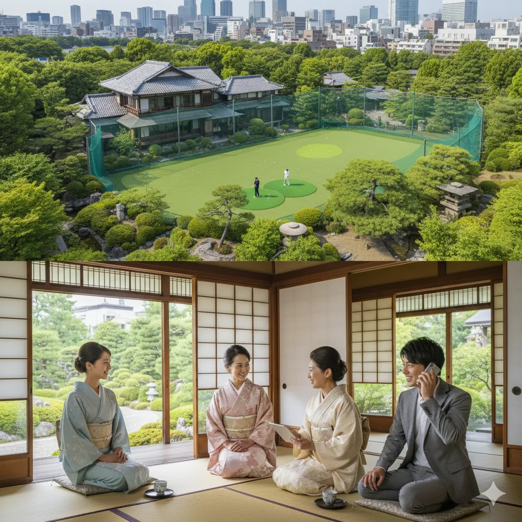 緑豊かな広大な庭園に囲まれた伝統的な日本家屋の豪邸。庭にはゴルフ練習場があり、スーツ姿の男性がゴルフをしている。下部には和室で着物姿の女性たちが談笑し、スーツ姿の若い男性がタブレットとスマートフォンを手にしている。都会のビル群を背景に、歴史と現代が融合した裕福な家庭環境を表現している。